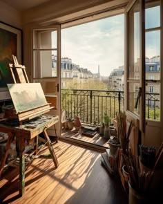 an artist's easel sitting on top of a wooden table in front of a window