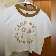 Never Worn!! Cropped Camp Madewell Shirt. So Cute And Perfect For Summer!! Casual Graphic Print Camp Shirt, Casual Cotton Camp Shirt, Casual Cotton Camp Shirt For Camping, Summer Graphic Print Camp Shirt, Summer Camping Shirt With Graphic Print, White Cotton Camp Shirt For Camping, Summer Camping Tops With Letter Print, White Summer Tops For Camping, Summer Camping Top With Letter Print