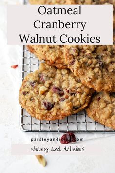 oatmeal cranberry walnut cookies on a cooling rack with text overlay