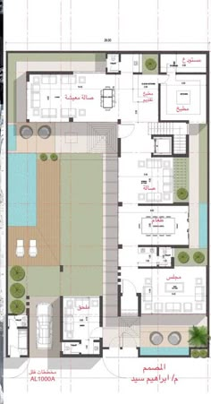 the floor plan for an apartment building with swimming pool and living room, kitchen and dining area