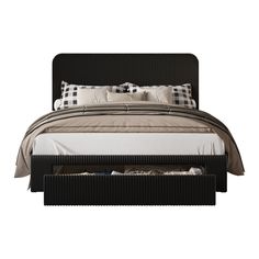 a bed with black headboard and pillows on top of it, in front of a white background