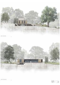 two views of the same house from different angles, with trees and water in the background