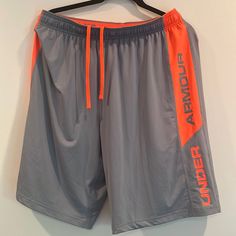 Nwot, Under Armour, Large, Shorts, Gray And Orange. Orange Sports Shorts With Pockets, Orange Workout Shorts With Pockets, Orange Sports Shorts, Orange Elastic Waistband Sports Shorts, Casual Orange Athletic Shorts For Workout, Under Armour Summer Shorts With Pockets, Orange Workout Shorts, Large Shorts, Half Pants