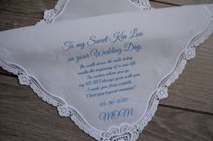 "Gift for the Bride Hankie from Her Mom 100% cotton high-quality handkerchief Hankie Size: 12 x 12 inches approx Create your own Poem/Verse/message. You can write your own unique text. I will do it Maximum 80 words long. The text is not embroidered, the text is not printed. The text is made by special transfer vinyl. Handkerchiefs can withstand even multiple machine washing. A wide selection of wedding handkerchiefs in a separate category. Come, see, choose, buy https://www.etsy.com/shop/Mamooby Blue Cotton Handkerchiefs For Wedding, Blue Handkerchief, I Will Do It, Wedding Gifts For Parents, Gift For The Bride, Thank You Photos, Wedding Handkerchief, Bride And Groom Gifts, Bride Photo