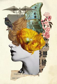 a woman's head with flowers and butterflies on it