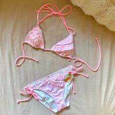 Baby Pink Victorias Secret Set Nwt Never Worn! Features Adjustable Straps And Ruffle Detailing! Bra Pads Are Removable Bottoms Are A Size M, Top Is A S Victorias Secret Set, Vs Swim, Pink Swim, Pink Set, Bra Pads, Victoria Secret Swim, Padded Bras, Baby Pink, Secret Pink