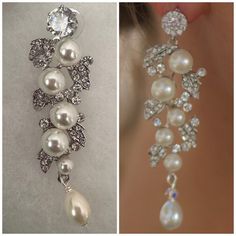 two pictures side by side, one with earrings and the other with pearls