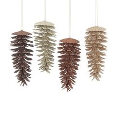 three different types of pine cones hanging from strings