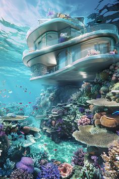 the underwater house is surrounded by corals and fish