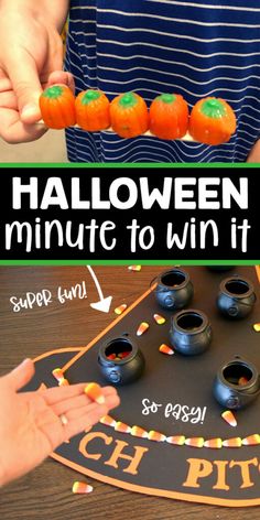 this halloween minute to win it game is perfect for kids and adults alike as they play with pumpkins