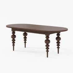 a wooden table with three legs and a long oval shaped top, on an isolated white background