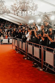 a crowd of people taking pictures at a red carpeted event with cameras around them