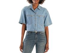 KUT from the Kloth Birdie - Short Sleeve Button Down Crop Shirt - Women's Clothing : Medium Wash : Style up your look wearing KUT from the Kloth Birdie - Short Sleeve Button Down Crop Shirt, that comes in a modern cropped silhouette. The loose-fitted shirt features a collared neck, short sleeves, full-button closure on the front, two ptach pockets on the chest, and a straight hem. 83% cotton, 17% tencel. Machine washable. IMported. Fitted Shirt, Crop Shirt, Sandals Summer, Product Reviews, Button Downs, Shirts Tops, Women's Clothing, Womens Shirts, Short Sleeves