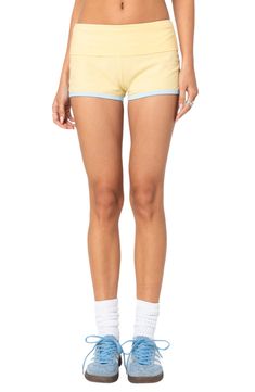 Contrasting trim adds sporty style to these stretchy cotton shorts featuring a cozy fold-over waistline. Pull-on style 95% cotton, 5% spandex Machine wash, dry flat Imported Athleisure Bottoms With Contrast Trim For Loungewear, Summer Loungewear Bottoms With Contrast Trim, Casual Shorts With Contrast Trim, Cotton Shorts With Contrast Trim For Summer, Casual Short Bottoms With Contrast Trim, Stretch Cotton Athletic Shorts With Ribbed Waistband, Contrast Trim Loungewear Bottoms Short Length, Cotton Shorts With Contrast Trim, Spring Cotton High-waisted Shorts Activewear