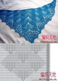 the crocheted shawl has been made in blue and white yarn with an intricate design