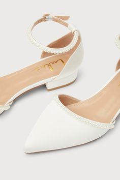 Strap Flats, Lulu Fashion, Ankle Strap Flats, Low Block Heels, Walking Down The Aisle, White Satin, Bridal Shoes, Low Cut, Faux Pearl