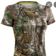 a women's camo t - shirt with pink trims on the chest