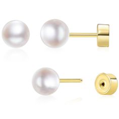 three pairs of pearl stud earrings in yellow gold plated sterling steel, set against a white background