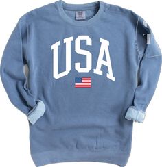 Cotton Long Sleeve Top For 4th Of July, Long Sleeve Cotton Tops For 4th Of July, Casual Flag Print Tops For Fall, Casual Tops With Flag Print For Fall, Casual Fall Tops With Flag Print, Patriotic Blue Tops For Fall, Casual American Flag Sweater For 4th Of July, Casual Long Sleeve T-shirt With Flag Print, White Crew Neck Sweatshirt For 4th Of July