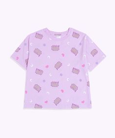 Click to see size chart How dreamy! This lavender Shop Exclusive two-piece pajama set includes a short-sleeve top and lounge pants. The super soft fabric & relaxed fit top is ideal for lounging or sleeping! Ladies fit and sizing. Relaxed-fit pajama tee & pants feature an all-over pattern of Pusheen surrounded by pastel-colored moons and stars. Pajama pants include side pockets and a tapered ankle cuff. Content: 100% Cotton. Imported. Care: Machine wash cold. Only non-chlorine bleach. Tumble dry Casual Pink T-shirt For Pajama Party, Casual Graphic Print T-shirt For Pajama Party, Trendy Short Sleeve Sleepwear For Pajama Party, Cute Short Sleeve Tops For Loungewear, Short Sleeve Sleepwear With Graphic Print, Trendy Short Sleeve Sleepwear For Loungewear, Casual Lavender Cotton Sleepwear, Graphic Print Short Sleeve Sleepwear, Trendy Short Sleeve Sleepwear For Lounging