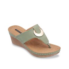 Good Choice-Genelle Wedge Sandal Slide into versatile appeal with the Genelle wedge sandal from Good Choice. This pair features a flashy hardware ring and faux wood heel to complement anything from capris to dresses. Green Wedges, Wooden Wedges, Sandal Online, Wood Heel, Womens Sandals Wedges, Shoe Carnival, Toe Sandals, Wedge Sandal, Leather Slip Ons