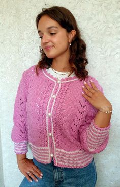 Hand Knitted Women's Sweater. Women's Knitted Cardigan. Knit Women Sweater. Knit women jacket. Nice Pink color. Soft and warm. Beautiful pattern. Cozy and cute sweater. Good gift for women or girl. Size: M From armpit to armpit 49 cm (19,2"), length 52 cm (20,4"). Yarn: 50% wool and 50% acrylic (LANAGOLD). The design of this sweater is my own creation and is an original design. This sweater is ready to be shipped from LITHUANIA. Shipping is FREE! Winter Knit Patterns, Spring Knit Cardigan With Fair Isle Pattern, Knit Fair Isle Pattern Cardigan For Spring, Pink Long Sleeve Knitting Pattern, Spring Fair Isle Knit Cardigan, Hand Knitted Long Sleeve Cardigan, Pink Hand Knitted Long Sleeve Outerwear, Pink Fair Isle Pattern Sweater, Cute Hand Knitted Winter Sweater