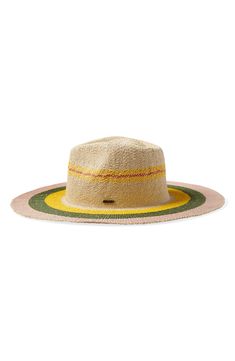 Vibrant stripes and a wide brim make this classic sun hat the perfect choice for sunny-day adventures and trips to the beach. Straw Spot clean Imported Yellow Summer Hat For Vacation, Yellow Summer Straw Hat, Striped Brimmed Straw Hat For Vacation, Striped Brimmed Sun Hat For The Beach, Striped Brimmed Sun Hat For Beach, Yellow Brimmed Straw Hat For The Beach, Striped Wide Brim Sun Hat For Vacation, Striped Brimmed Straw Hat For Summer, Green Flat Brim Boater Hat For Summer