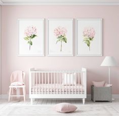 a baby's room with pink walls and two pictures on the wall above it