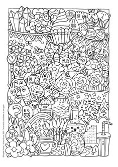 an adult coloring page with lots of cartoon characters