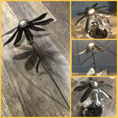 four different pictures of metal flowers and leaves