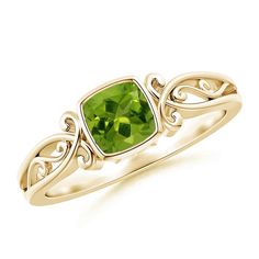 The cushion cut peridot is secured in a bezel setting and radiates an alluring greenish golden hue. With intricate carving on the shoulders and scrollwork on the gallery, this peridot vintage ring looks like a dream. It is intricately designed in 14K Solid Gold and exudes an aura of regal elegance. Birthstone for the month of August and traditional gemstone gift for 1st & 16th wedding anniversaries. All our items are packaged with care in appealing boxes with plush interiors. Available in various sizes between size 3 to 13. Please contact us for more info. Features 0.6 Carat Peridot. Free Certificate of Authenticity. Extended Holiday Returns: If you are not 100% satisfied with your purchase, you can return it for a full refund or exchange it. In addition to our standard 30-day return polic Peridot Engagement Rings, Emerald Ring Vintage, Sapphire Solitaire Ring, Sapphire Solitaire, Dream It, Peridot Ring, Emerald Gemstone, Classic Ring, Vintage Ring