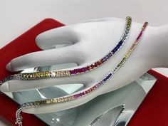 Beautiful Sapphire Tennis Bracelet  Channel Set Multi Color Lab Created Sapphires in Sterling Silver  7 inche  Amazing Colors in this Bracelet  Nice Smooth Bracelet  Pics Do Not show the beauty Multicolor Fine Jewelry Bracelet For Wedding, Fine Jewelry Multicolor Wedding Bracelet, Multicolor Bangle Bracelets For Anniversary, Elegant Multicolor Tennis Bracelet For Anniversary, Elegant Multicolor Jewelry For Birthday, Elegant Multicolor Jewelry For Birthdays, Elegant Multicolor Bracelets For Birthday, Wedding Rainbow, Gift For Engagement