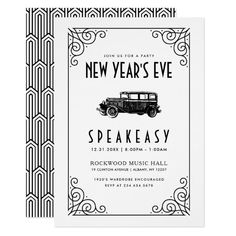 a new year's eve party card with an old car in the background and text