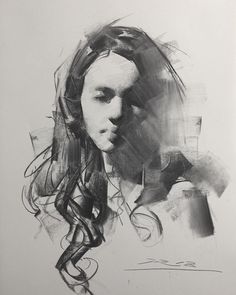 a black and white drawing of a woman's face with her hair blowing in the wind