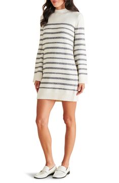 Crisp stripes put a preppy spin on a slouchy yet chic sweater-dress framed by soft ribbing and topped by a polished mock neckline. 33 1/2" length Slips on over head Mock neck Long sleeves Ribbed cuffs and hem 86% polyester, 14% nylon Machine wash, tumble dry Imported Chic Sweater, Mini Sweater, Stripe Long Sleeve, Chic Sweaters, Mini Sweater Dress, Mock Neckline, Long Sleeve Mini, Black & White, Nordstrom Dresses