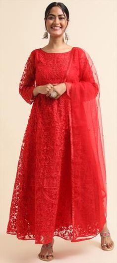 Red and Maroon color Salwar Kameez in Net fabric with Resham, Stone, Thread work Red Kurta With Sheer Dupatta For Wedding, Wedding Red Kurta With Sheer Dupatta, Red Chikankari Embroidery Sharara For Reception, Red Anarkali Set With Chikankari Embroidery For Reception, Red Churidar For Diwali Reception, Red Churidar For Reception At Diwali, Red Churidar For Reception During Diwali, Red Anarkali Set With Chikankari Embroidery For Wedding, Red Anarkali Unstitched Suit For Reception