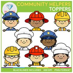 children in hats cliparts for the community helper's toppers by blacklines included