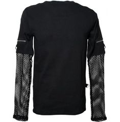 Men Gothic Top With Mesh Sleeves Punk Shirt Top Black Long Sleeve Alternative Shirt, Alternative Black Long Sleeve Shirt, Alternative Style Black Long Sleeve Shirt, Black Gothic Shirt For Streetwear, Black Gothic Tops With Mesh Sleeves, Black Gothic Cotton Shirt, Black Cotton Gothic Shirt, Alternative Style Black Shirt, Edgy Streetwear Tops With Mesh Sleeves