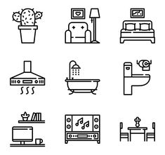 black and white line art furniture icon set with couch, coffee table, bed, sink