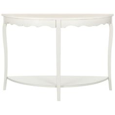 a white console table with scalloped edges and an oval shelf on one side