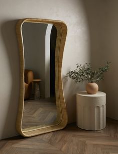 a large mirror sitting on top of a wooden floor next to a vase with a plant in it