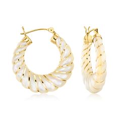 Ross-Simons - Carved Mother-of-Pearl Hoop Earrings, 14kt Yellow Gold. 1 1/8". Classic carved mother-of-pearl twisted hoops are striped with bright and glossy coils of polished 14kt yellow gold. Hanging length is 1 1/8". Snap-bar, mother-of-pearl hoop earrings. Pearl birthstones are the perfect gift for June birthdays. Yellow Gold Mother Of Pearl Earrings, Yellow Gold Mother Of Pearl Round Earrings, Pearl Birthstone, Pearl Hoop Earrings, Earrings Pearl, Timeless Jewelry, Stone Cuts, Fine Jewellery Earrings, Pearl Color