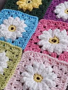 the crocheted squares have flowers on them