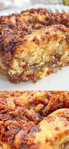 two pictures of cinnamon roll cake on a plate with one slice cut out and the other half eaten