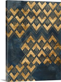 a blue and gold wallpaper with an abstract geometric design on it's side