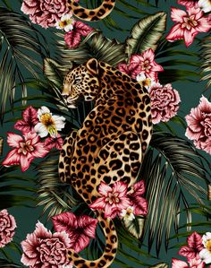 a leopard and flowers pattern on a dark green background with pink, white and yellow flowers