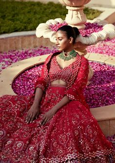 Red raw silk floral embroidered lehenga with thread work and sequence detailing paired with scallop edge v neck elbow sleeve heavily embroidered blouse and matching tulle dupatta with embroidered border and all over badla. Red Silk Lehenga, Badla Work, Bridal Lehenga Red, Vacuum Storage, Embroidered Lehenga, Indian Wedding Wear, Lehenga Blouse, Embroidered Border, Scallop Edge