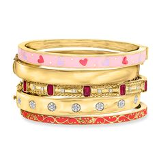 Ross-Simons - "Champs-Elysees Stack" of Five Bangle Bracelets Over Sterling. 8". An RS exclusive. Evoke luxurious romance with the warm, rosy hues of this "Champs-Elysees Stack" of five bangle bracelets. A charming homage to the City of Love itself, this 18kt yellow gold over sterling silver set includes: a pink and purple enamel heart bangle bracelet, a classic 18kt yellow gold over sterling silver bangle bracelet, a 1.50 ct. t. w. ruby and .15 ct. t. w. diamond bangle bracelet, a .33 ct. t. w. Love Bracelet Stack, Cute Jewelry Bracelets, Bangle Stack, Heart Bangle Bracelet, Bracelet Stacks, Diamond Bangle Bracelet, City Of Love, Silver Bangle Bracelet, Sterling Silver Bangle Bracelets