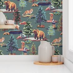 an animal themed wallpaper with bears, foxes and other wild animals in the woods