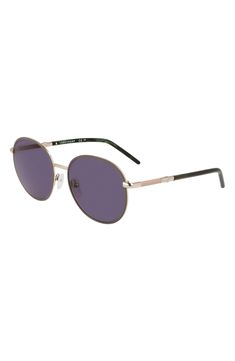 Sleek, shapely frames brings a retro-inspired vibe to these round sunglasses fitted with scratch-resistant CR-30 lenses. 53mm lens width; 17mm bridge width; 140mm temple length 100% UV protection CR-39 lenses Adjustable nonslip nose pads Metal Imported Formal Round Sunglasses With Tinted Lenses, Luxury Round Tinted Sunglasses, Modern Aviator Sunglasses With Mirrored Lenses, Formal Sunglasses With Metal Round Frame, Formal Round Frame Polarized Sunglasses, Formal Round Frame Metal Sunglasses, Modern Round Aviator Sunglasses With Uv Protection, Modern Round Aviator Sunglasses With Tinted Lenses, Modern Round Sunglasses With Polarized Lenses